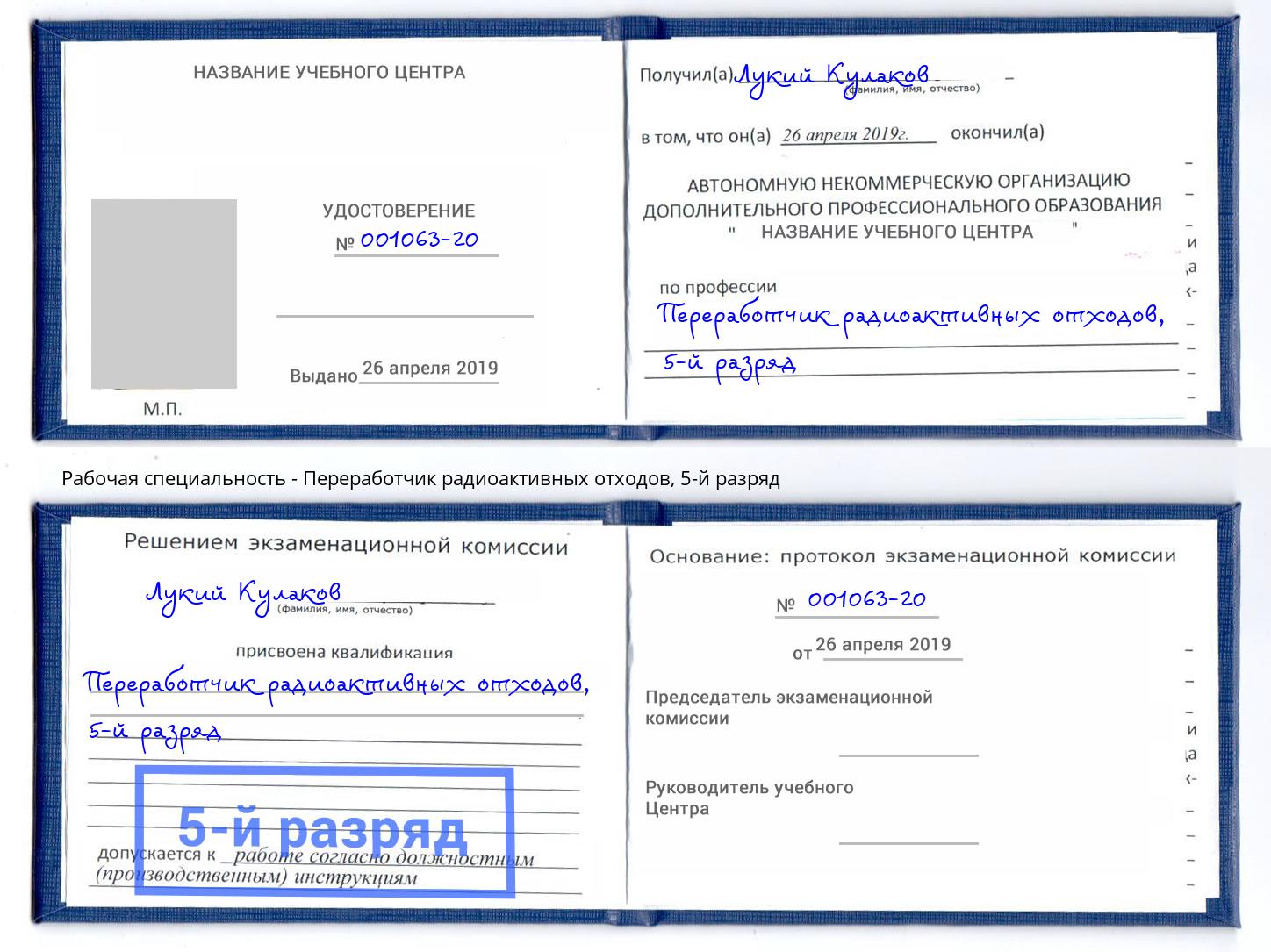 корочка 5-й разряд Переработчик радиоактивных отходов Коломна