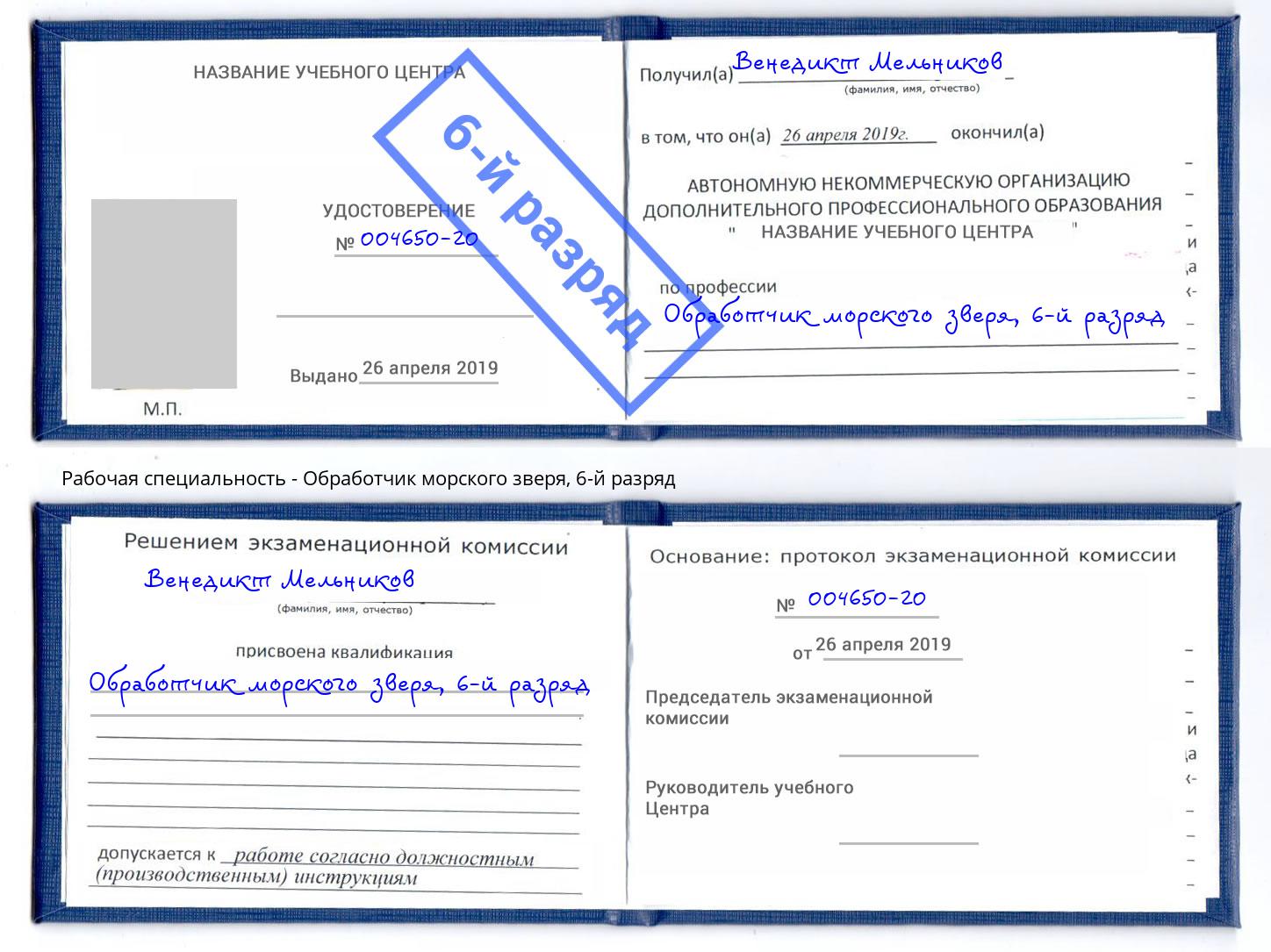 корочка 6-й разряд Обработчик морского зверя Коломна