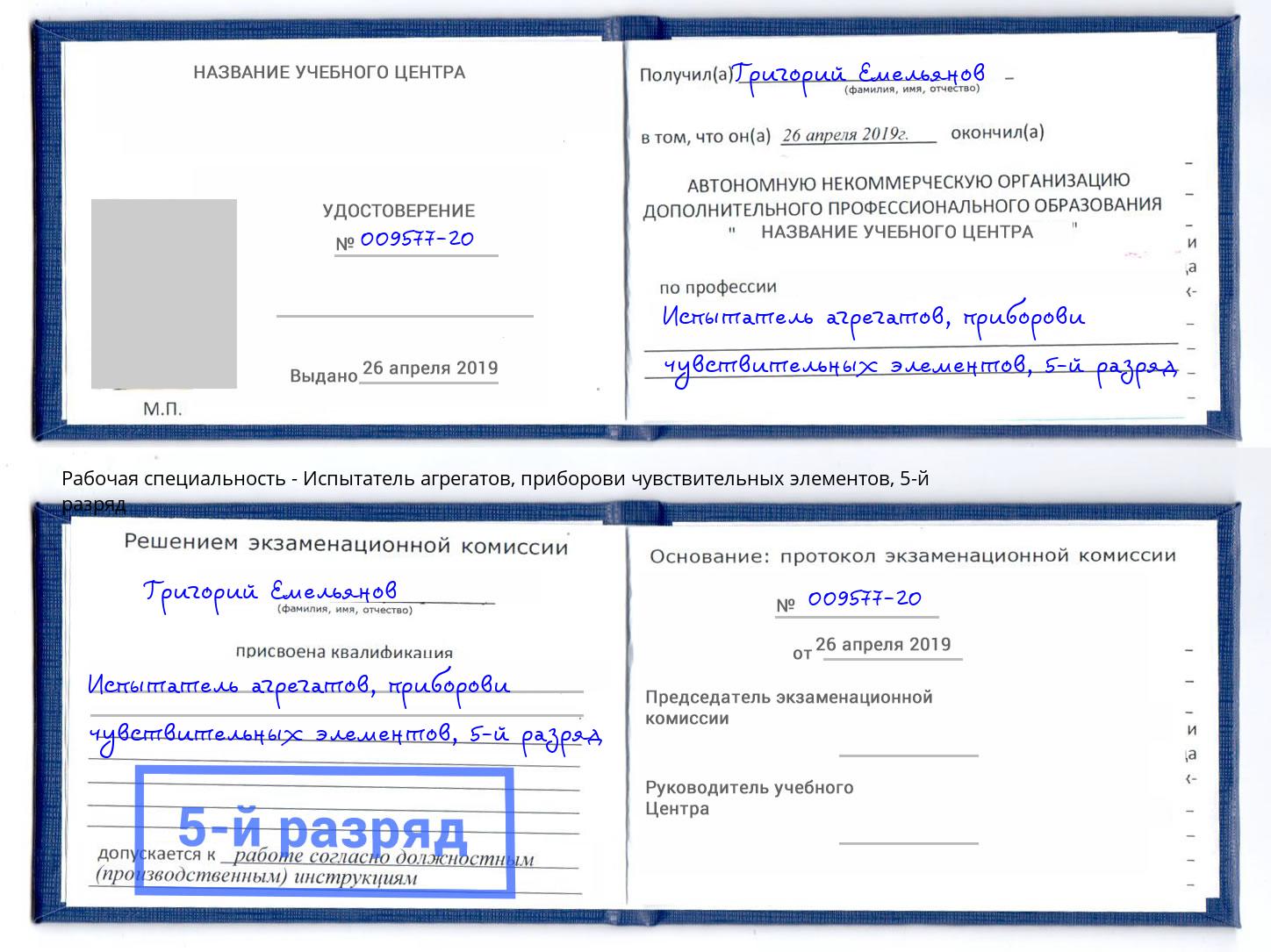 корочка 5-й разряд Испытатель агрегатов, приборови чувствительных элементов Коломна