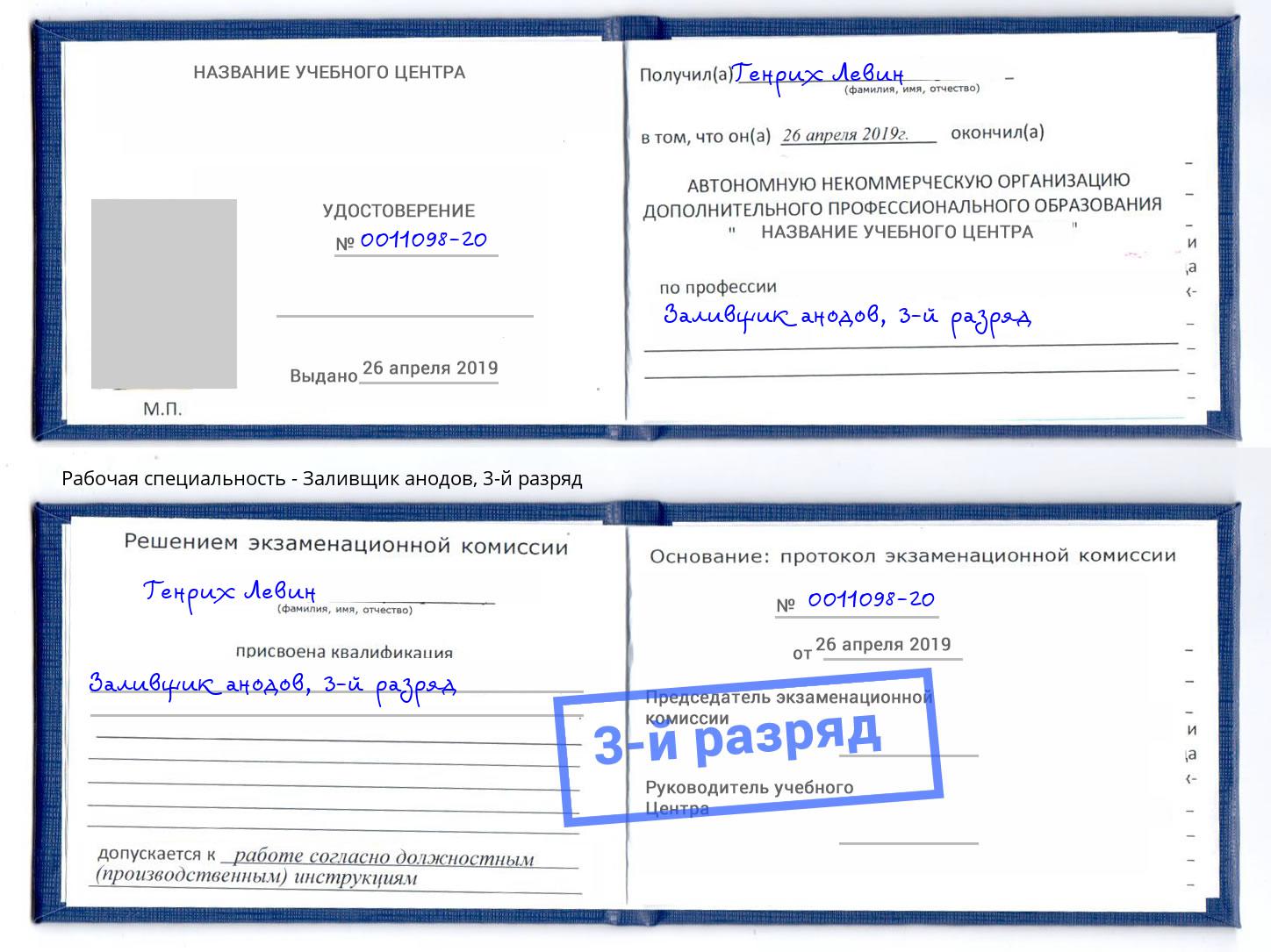 корочка 3-й разряд Заливщик анодов Коломна